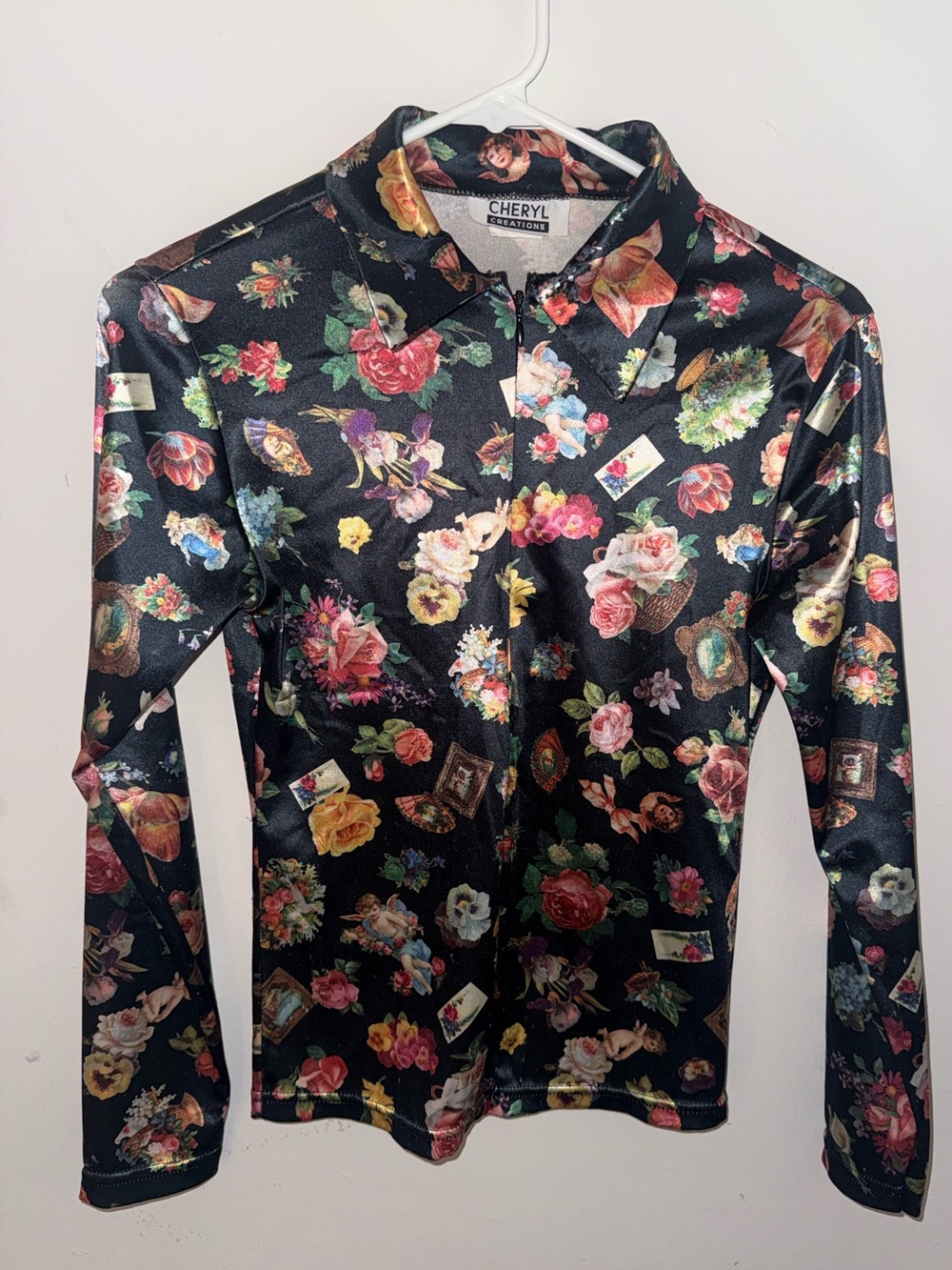 Cheryl Black Floral Long Sleeve Button Polo